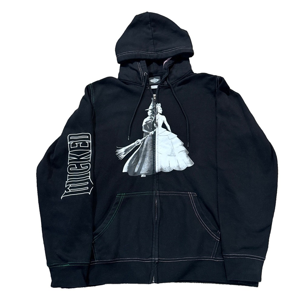 Wicked The Musical Zip Up Hoodie Black Elphaba Glinda Graphic Never Down Sz XL